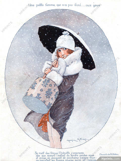 Maurice Millière 1926 Attractive Girl Under the Snow, Umbrella