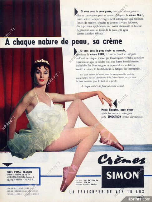 Crème Simon (Cosmetics) 1955 Aline Darcy, Dancer