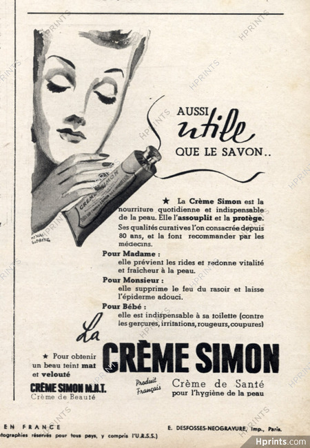 Crème Simon (Cosmetics) 1939 Henri Sjoberg, 1 pages