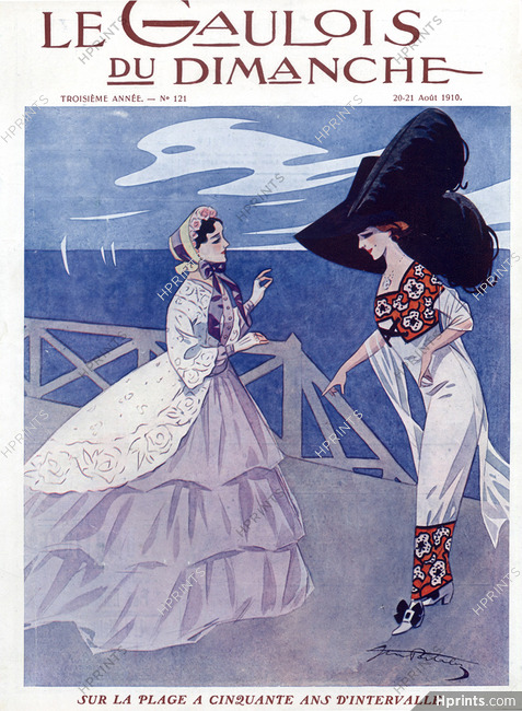 Portalez 1910 "Sur la plage a cinquante ans d'intervalle", Fashion Illustration, Crinoline, Art Nouveau Style