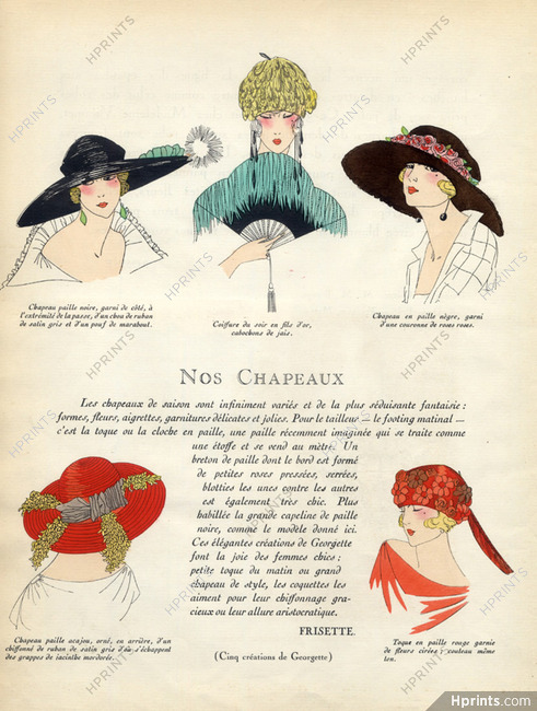 Georgette (Millinery) 1922 Straw Hat, Fan, Fashion Illustration, Pochoir