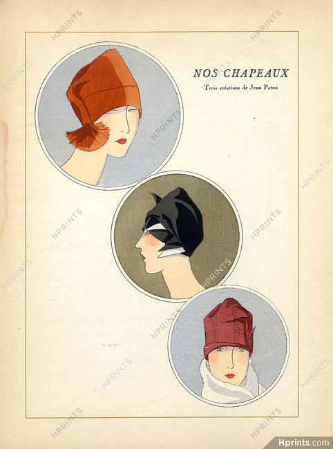 Jean Patou 1926 Fashion Illustration Hats, Pochoir