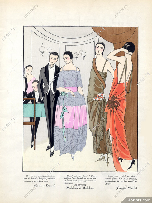 Doucet, Madeleine & Madeleine, Worth 1923 Fashion Illustration, Pochoir, Evening Gown