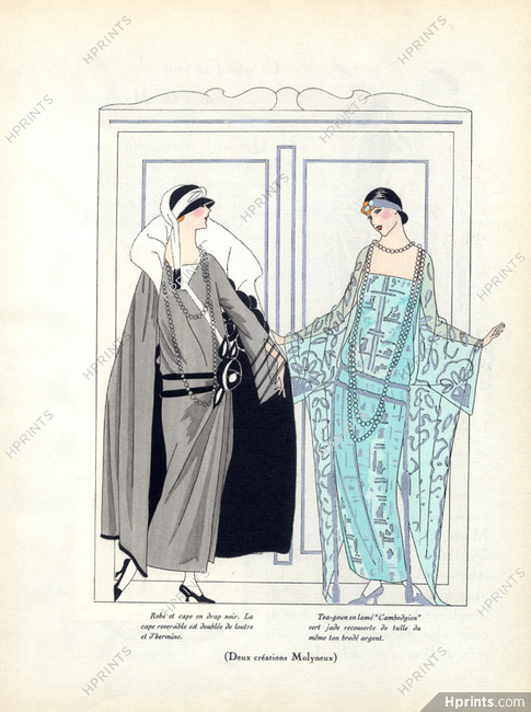 Molyneux 1923 Fashion Illustration, Pochoir, Cape and Dress, Tea-Gown