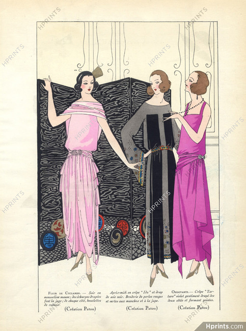 Jean Patou 1922 Fashion Illustration, Pochoir, Evening Gown