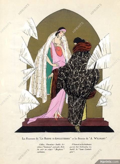 A La Reine d'Angleterre 1923 Fur Coat Fashion Illustration, Pochoir