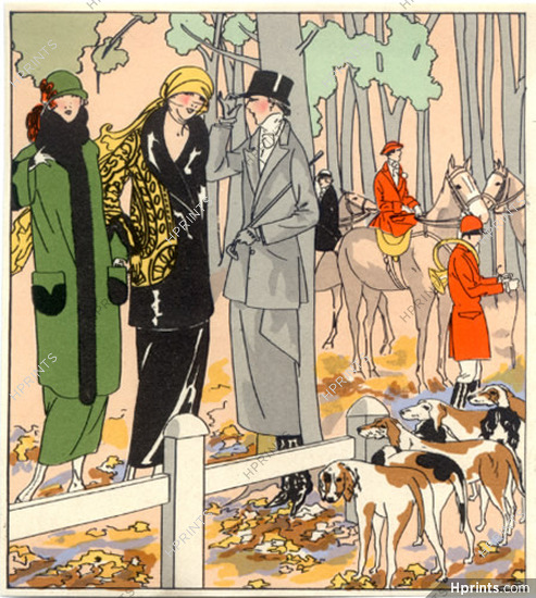 Bernard & Cie, Drecoll 1923 Hunting Fashion Illustration, Pochoir,