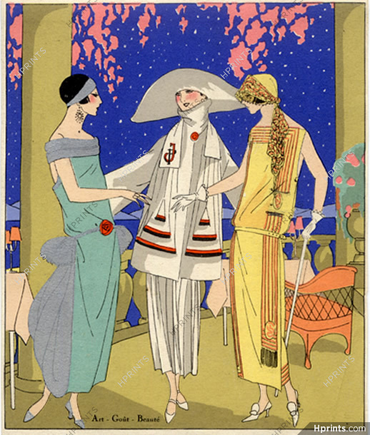 Jean Patou 1923 Evening Gown, Fashion Illustration, Pochoir