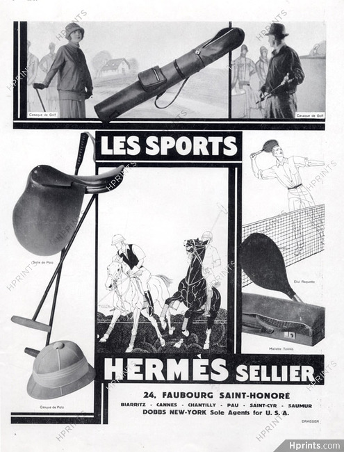 Hermès (Sports equipment) 1926 Saddle Polo, Casaques Golf, Tennis Bag,