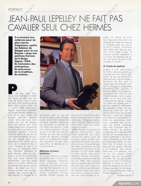 Jean-Paul Lepelly ne fait pas cavalier seul chez Hermès, 1989 - Perfumes, Texte par Elisabeth Barillé, 1 pages
