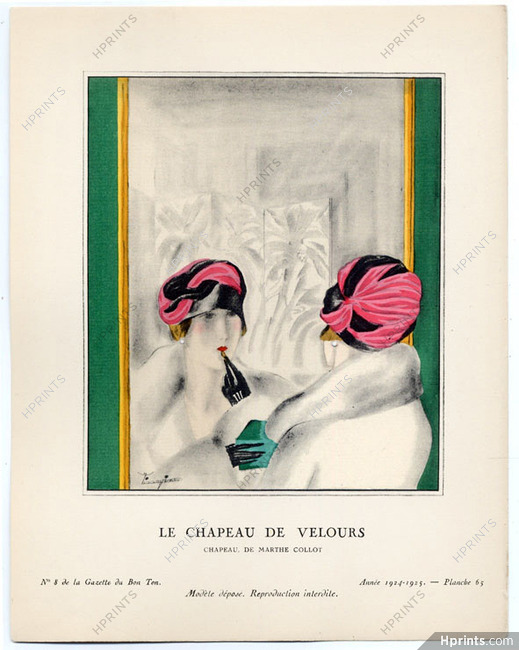 Le Chapeau de Velours, 1925 - Zinoview, Chapeau de Marthe Collot. La Gazette du Bon Ton, 1924-1925 n°8 — Planche 65