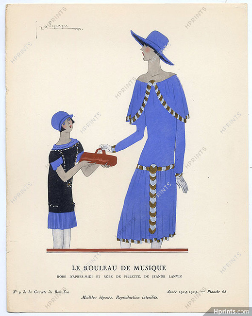Le Rouleau de Musique, 1925 - Georges Lepape, Robe d'après-midi et robe de fillette, de Jeanne Lanvin. La Gazette du Bon Ton, 1924-1925 n°9 — Planche 68
