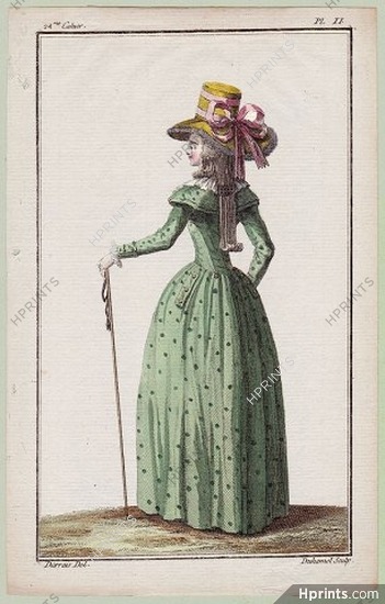 Cabinet des Modes 1 Novembre 1786, 24° cahier, planche II, Femme en redingote canne à la main, Claude-Louis Desrais