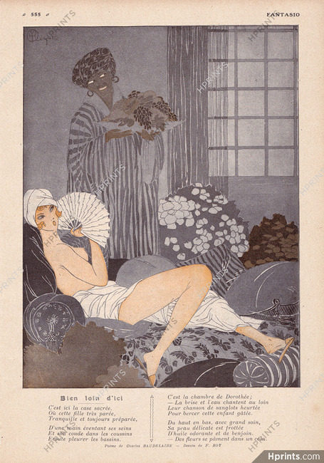 Bien loin d'ici, 1917 - F. Roy Sexy Girl Topless, Text by Charles Baudelaire