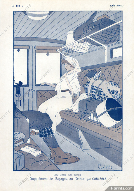 Carlègle 1908 Elegant Parisienne, Sleeping Car, Train, Luggage