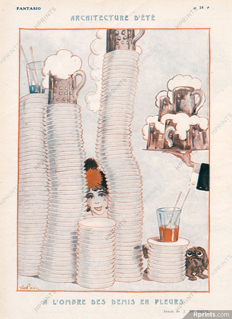 J. de Pavil 1922 "A l'ombre des demis en pleurs" Pints of Beer, Pekingese Dog