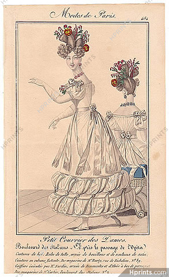 Petit Courrier des Dames 1827 N°454 Modes de Paris, Ball Gown, Hairstyle by Nardin, Julie Ribault