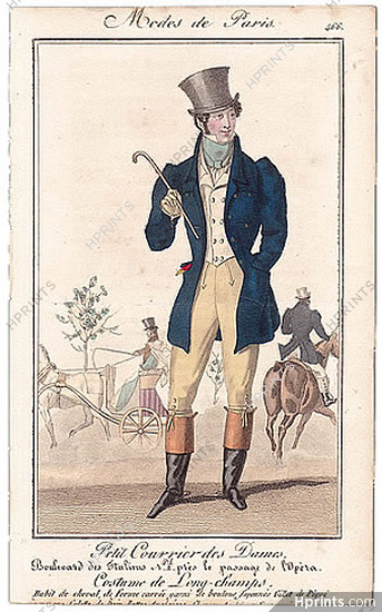 Petit Courrier des Dames 1827 N°466 Modes de Paris, Men's Clothing, Horse Carriage