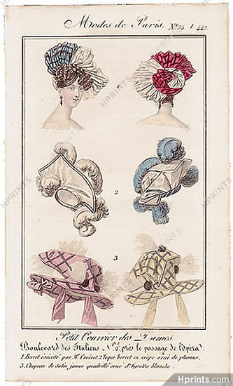 Petit Courrier des Dames 1827 N°447/35 Modes de Paris, Hats Mme Croizat Milliner
