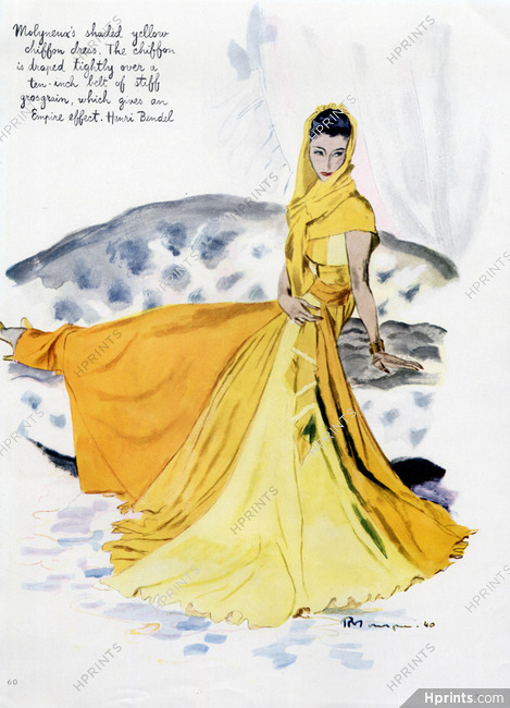 Molyneux 1940 Yellow Chiffon Dress, Pierre Mourgue, Fashion Illustration
