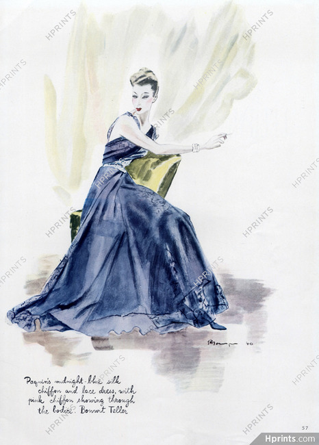 Paquin 1940 Midnight-blue Silk Chiffon, Pierre Mourgue, Fashion Illustration