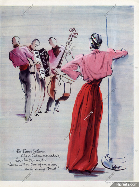 René Bouët-Willaumez 1937 Blouse Balloons, Bonwit Teller, Cuban Serenader's, Fashion Illustration