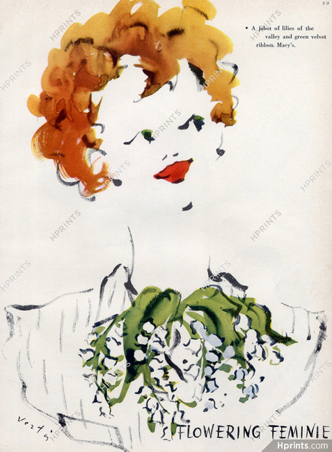 Marcel Vertès 1944 Macy's Ribbon, Lily Of The Valley Jabot, Fashion Illustration