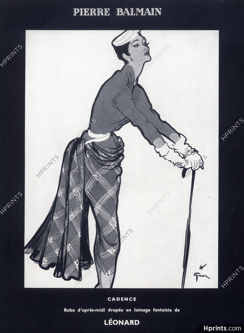 Pierre Balmain 1953 Draped Dress, Fashion Illustration, René Gruau