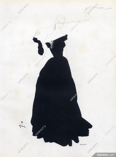 Molyneux 1946 Black Evening Gown, Strapless, René Gruau