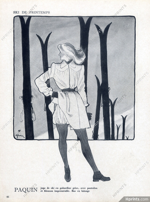 Paquin 1946 Skirt of Ski with Pants and Jacket, René Gruau, Fashion Illustration