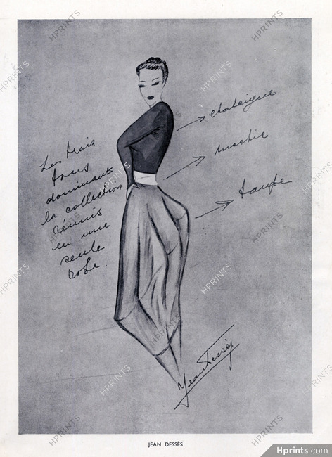 Jean Dessès 1947 Sketch, Outline, Autograph, Fashion Illustration