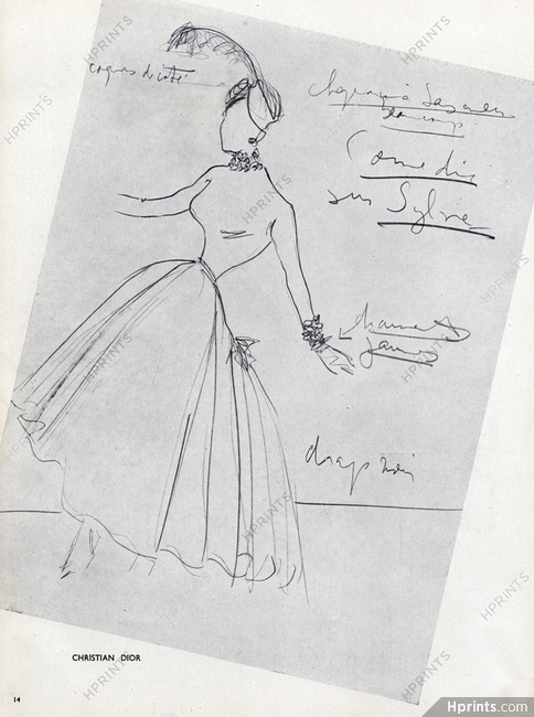 Christian Dior 1947 Sketch, Outline, Autograph, Fashion Illustration