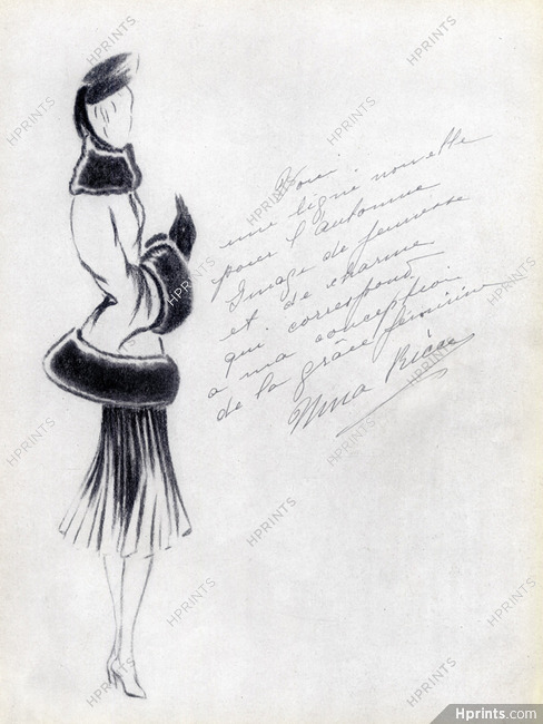 Nina Ricci 1947 Sketch, Outline, Autograph, Fashion Illustration