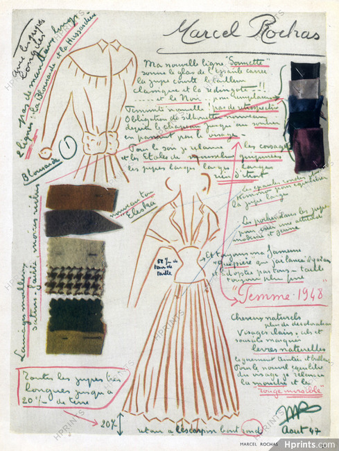 Marcel Rochas 1947 Sketch, Outline, Autograph, Fashion Illustration