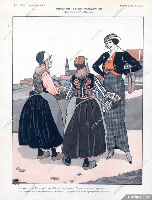 Georges Léonnec 1913 "Beguinette en Hollande" Lacemakers Dutch, Traditional Costume
