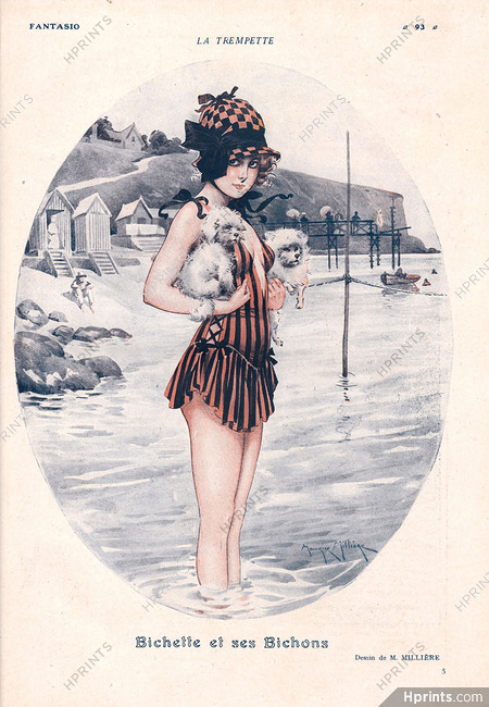 Bichette et ses Bichons, 1919 - Maurice Millière Bathing Beauty, Swimmer, Dog