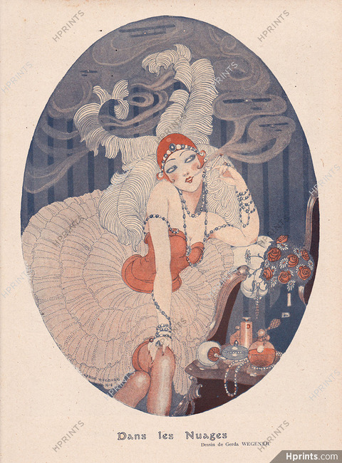 Gerda Wegener 1918 A Travers la Fumée, Sexy Looking Girl, Smoker, Music-Hall Feathers Costume
