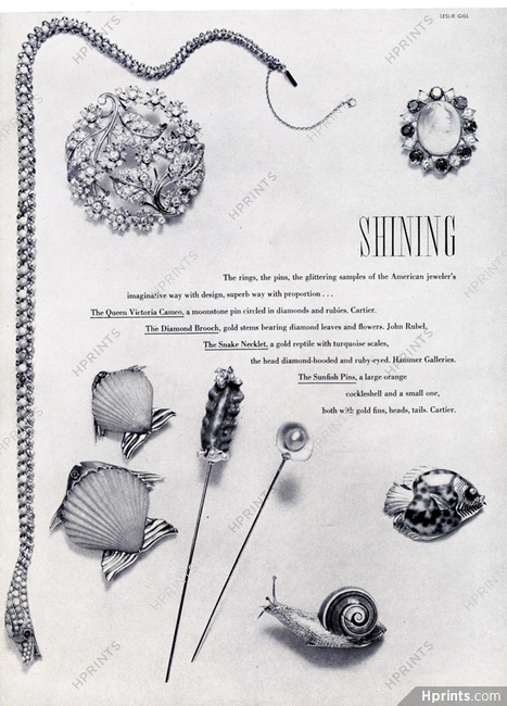 Cartier 1945 The Queen Victoria Cameo, Sunfish Pins Cockleshell, Snail, Photo Leslie Gill