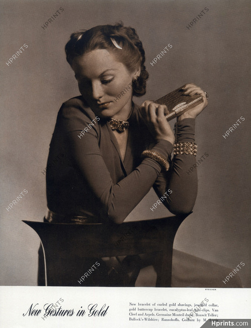 Van Cleef & Arpels (Jewels) 1940 Bracelet, Hair-Clip, Germaine Monteil Dress