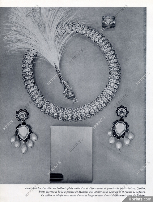 Cartier, Mellerio, René Boivin 1948 Necklace Ring (Boivin), Earrings (Cartier), Powder Box, Clip Aigrette (Mellerio)