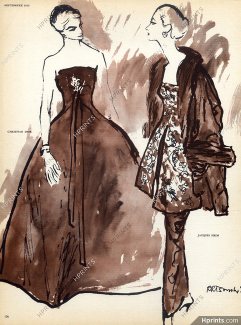René Bouché 1955 P2 Christian Dior, Jacques Heim, Evening Gown