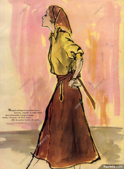 Lucile Manguin 1952 Ensemble cannelle et tabac brun, poches bordées de paille, Sylvia Braverman