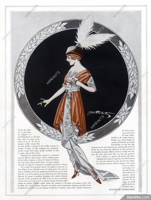 Portalez 1914 Fashion Illustration, Evening Gown, Feather Hat