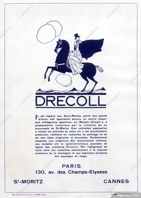 Drecoll 1927 Label, Address 130 Avenue des Champs-Elysées, St Moritz, Cannes, Amazone