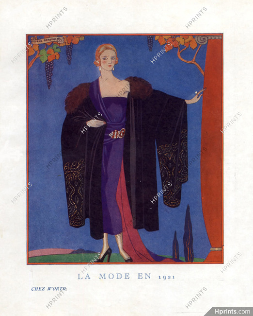 Worth 1921 George Barbier, Evening Gown, Fashion Illustration, Art Deco Style