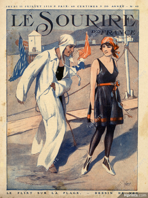 Ney 1918 "Le Flirt sur la Plage" Swimmer, Bathing Beauty Beachwear