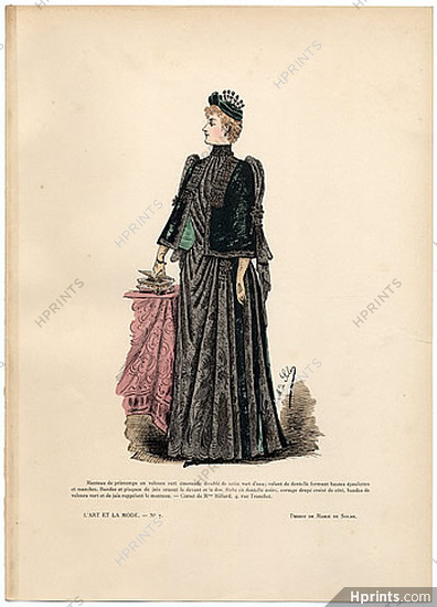 L'Art et la Mode 1890 N°07 Marie de Solar, colored fashion lithograph, Fur Spring Coat