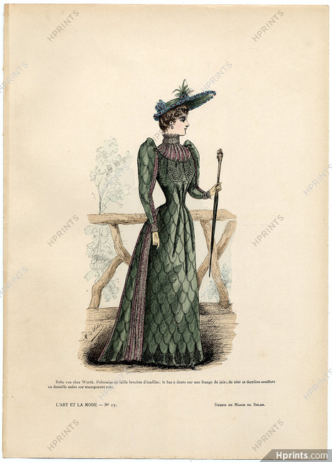 L'Art et la Mode 1890 N°17 Marie de Solar, hand colored fashion plate, Dress from Worth