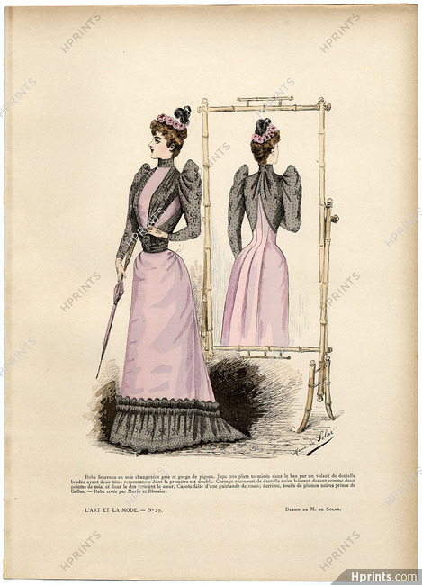 L'Art et la Mode 1890 N°29 Marie de Solar, hand colored fashion plate, Dress by Morin et Blossier