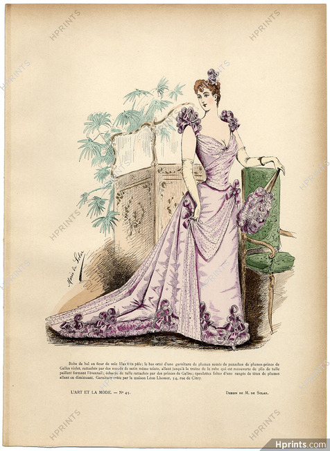 L'Art et la Mode 1890 N°45 Marie de Solar, colored fashion lithograph, Ball gown